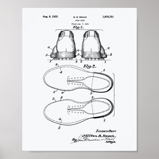 Póster Golf Shoe 1932 Patent Art - Libro Blanco (Frente)