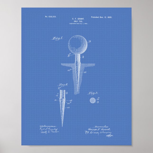 Póster Golf Tee 1899 Patent Art - Blueprint (Frente)