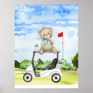 Póster Golfer Teddy Bear en carrito de golf para bebé