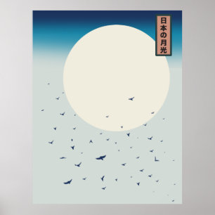 Póster Golondrinas japonesas bajo la luz de la luna