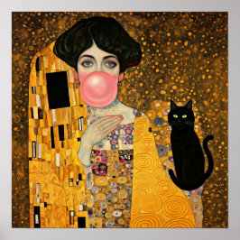 Póster Goma rosa de burbuja con gato negro Gustav Klimt