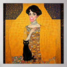 Póster Goma rosa de burbuja con gato negro Gustav Klimt