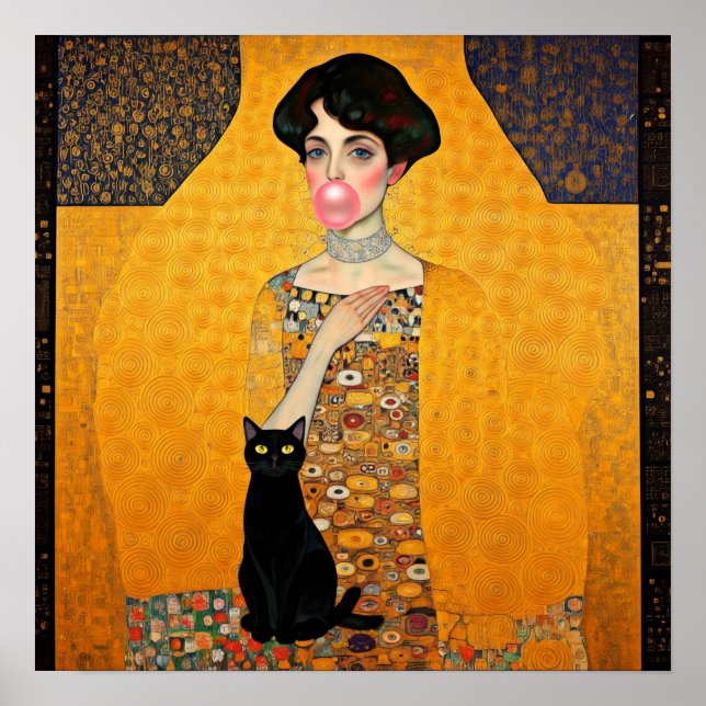 Póster Goma rosa de burbuja con gato negro Gustav Klimt (Frente)