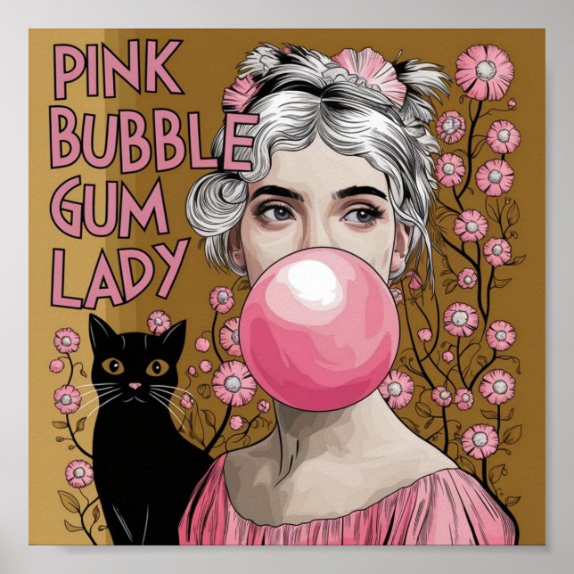Póster Goma rosa de burbuja con gato negro Gustav Klimt (Frente)