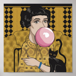 Póster Goma rosa de burbuja con gato negro Gustav Klimt