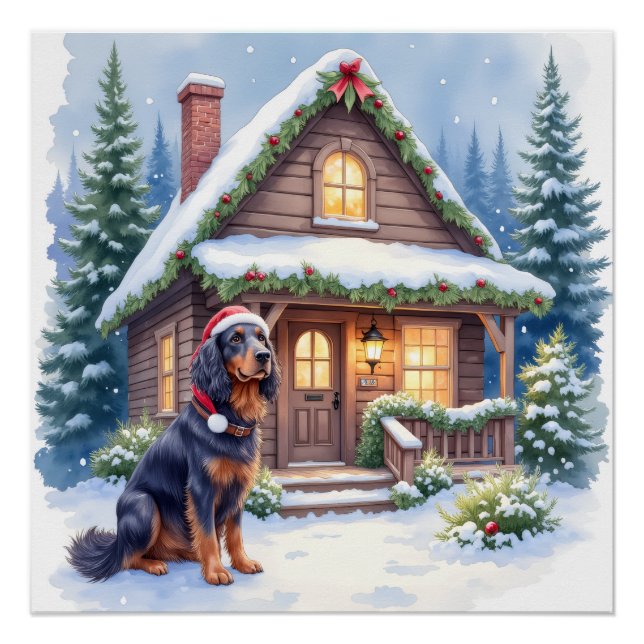 Póster Gordon Setter Snowy Lodge Santa Hat Christmas Art (Anverso)