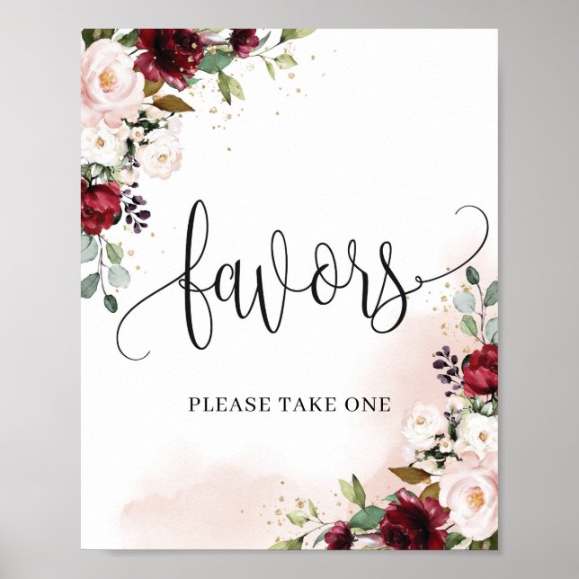 Póster Gorgeous burgundy blush pink floral favors sign (Frente)