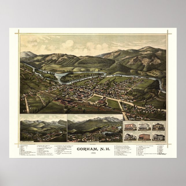 Póster Gorham, Mapa Panorámico NH - 1888 (Frente)
