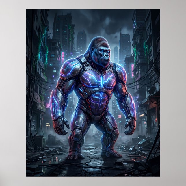 Póster Gorila de holograma Ruinas de neón (Frente)