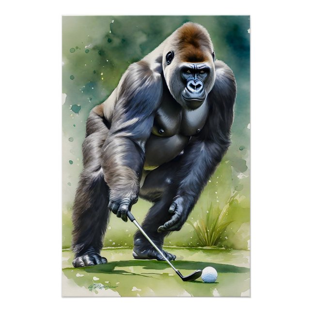 Póster Gorila divertida jugando al golf (Anverso)
