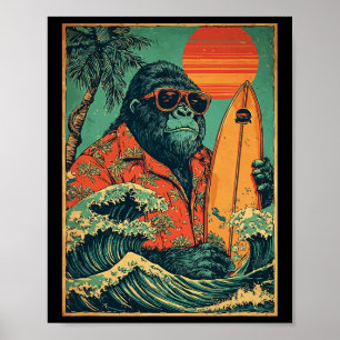 Póster Gorila Retro Surfista Animal Hawaiano Surf Playa
