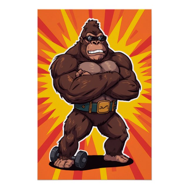 Póster Gorilla Bodybuilder Weight Lifter Pop Art Cartoon (Anverso)