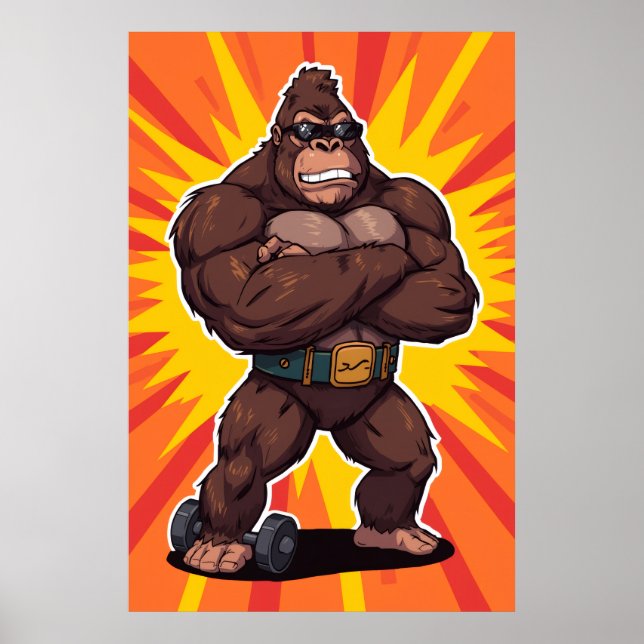 Póster Gorilla Bodybuilder Weight Lifter Pop Art Cartoon (Frente)