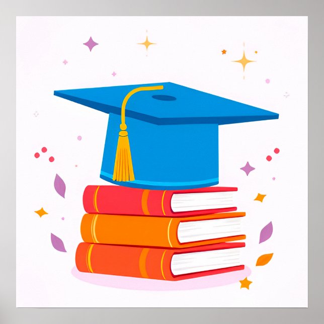Póster Gorra de Graduación Azul con Libros (Frente)