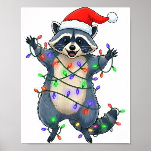 Póster Gorra de Santa de Mapache Divertido Luces de árbol