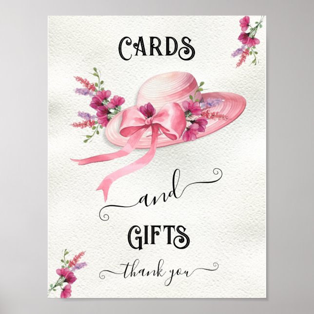 Póster Gorra floral rosa Derby Bridal Shower Table Rótulo (Frente)