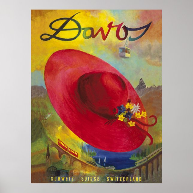 Póster Gorra rojo sobre el paisaje montañoso de verano, D (Frente)