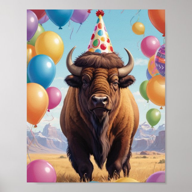 Póster Gorra y globos de cumpleaños de bisonte norteameri (Frente)