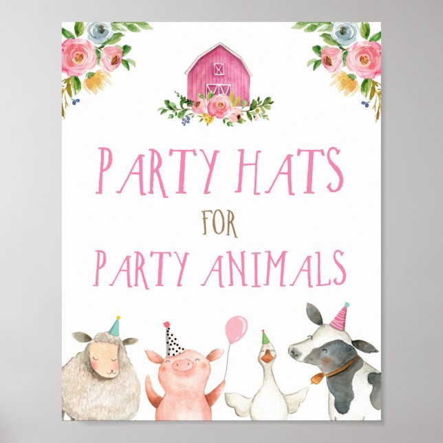Póster Gorras fiestas Granja Animales Chica Cumpleaños Ro (Frente)