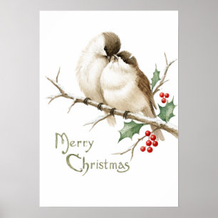 Póster Gorriones en una rama de Navidad