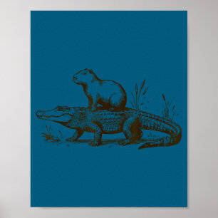 Póster Gorrito Divertido de Carpincho Montando un Lagarto