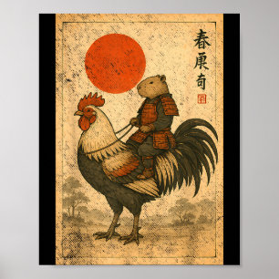 Póster Gorro de samurái japonés vintage capibara gallo ga