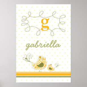 Póster gorrón amarillo Swirly Mom & Baby Bird Bird Kids W