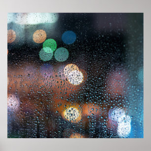 Póster Gotas de lluvia, ciudad nocturna: vista de ventana