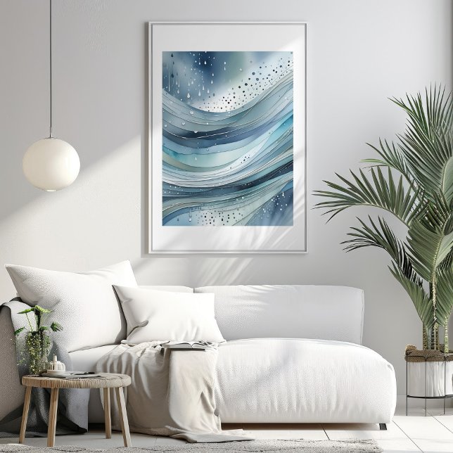 Póster Gotas de lluvia verde azul Poster de acuarela abst (Blue Green Raindrops Abstract Watercolor Poster Mockup 1)