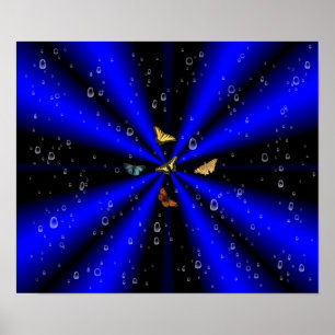 Póster Gotas de lluvia y mariposa en negro y azul