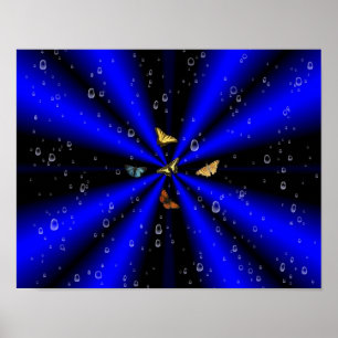 Póster Gotas de lluvia y mariposa en negro y azul