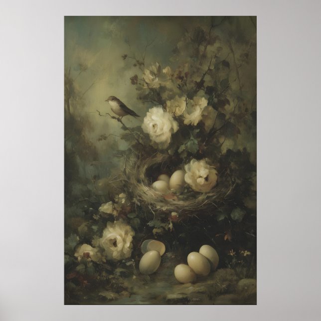 Póster Gothic Bird Nest and Roses Oil Painting, Dark (Frente)
