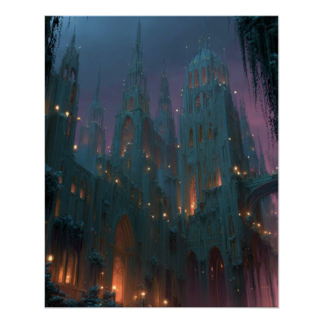 Póster Gothic Castle Under Aurora Fantasy Night Art (Anverso)