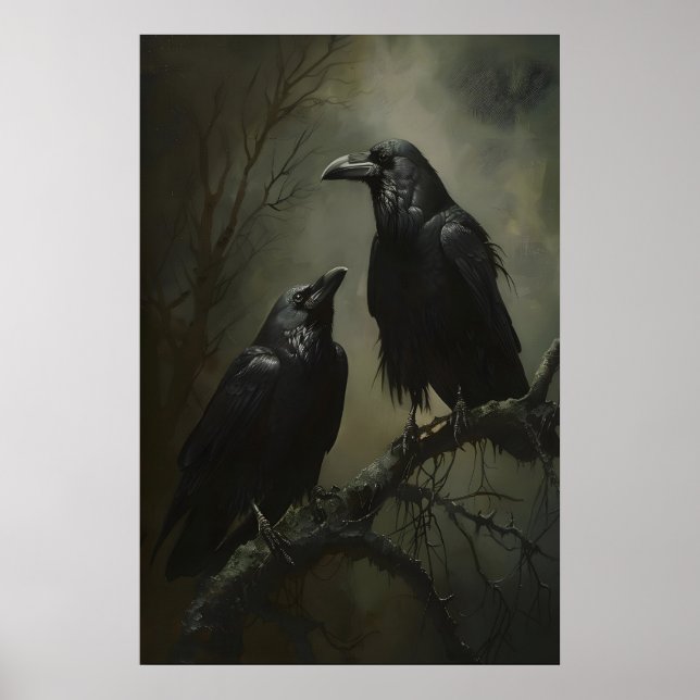 Póster Gothic Crows Art Printable, Birds On Branch Dark (Frente)