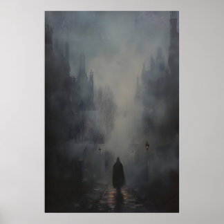Póster Gothic Foggy Street Art Painting, Dark Academia