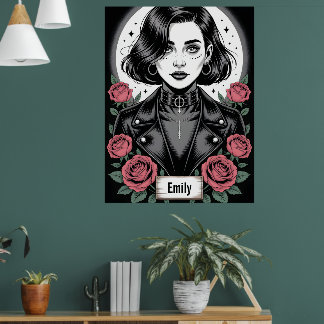 Póster Gothic Grunge Girl Illustration with Biker Jacket