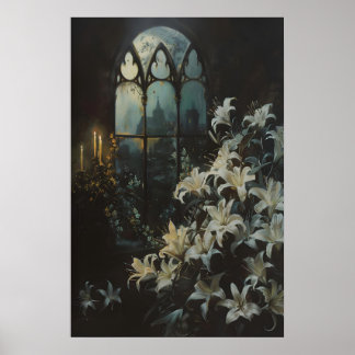 Póster Gothic Lilies Flowers Candlelight Castle Art, Dark