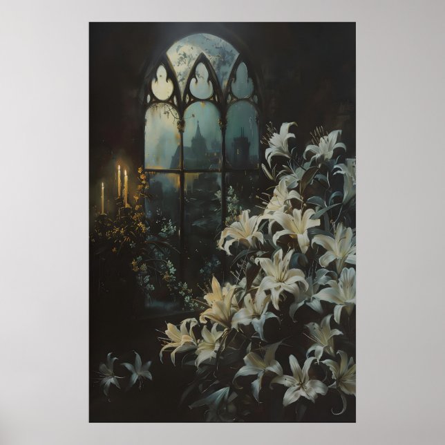 Póster Gothic Lilies Flowers Candlelight Castle Art, Dark (Frente)