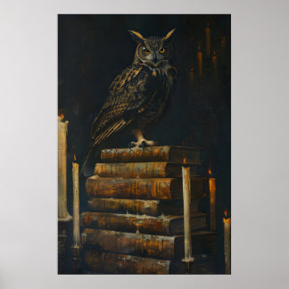 Póster Gothic Owl on Vintage Books Painting Printable