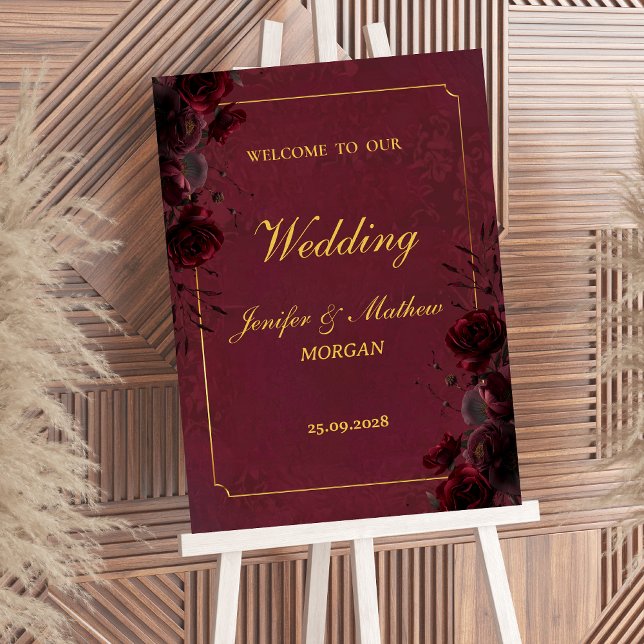Póster Gothic Romance Burgundy Roses Elegant Welcome Sign (Subido por el creador)