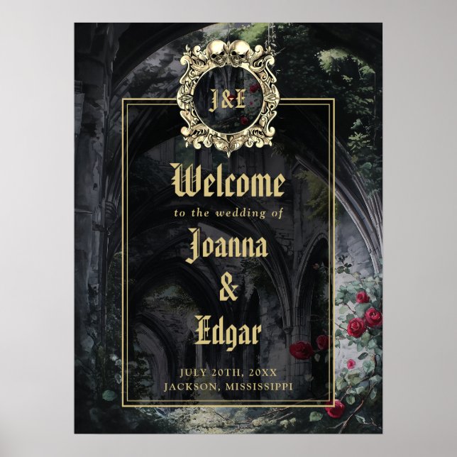 Póster Gothic Ruins Wedding Black And Gold Welcome Sign (Frente)