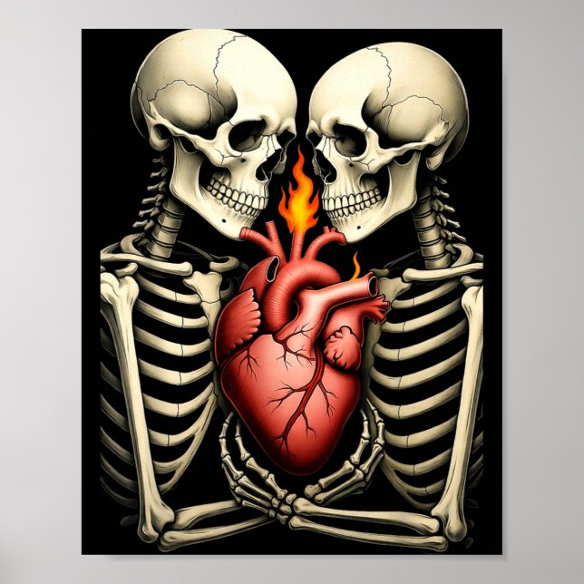 Póster Gothic Skull Couple Flaming Heart Dark Romance Sty (Frente)