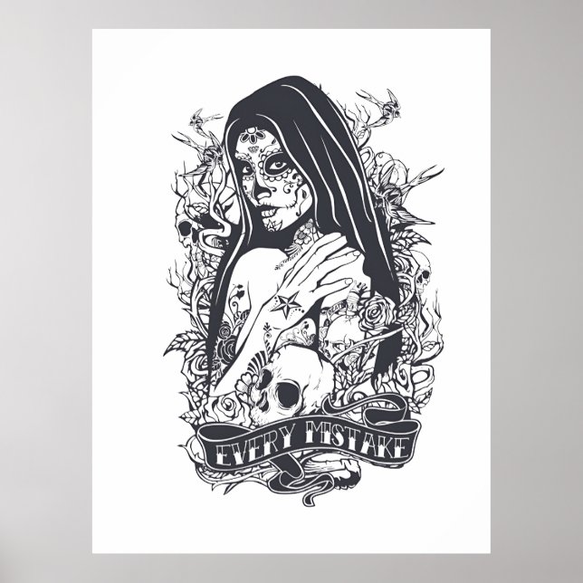 Póster Gothic Sugar Skull Woman Tattoo Art (Frente)