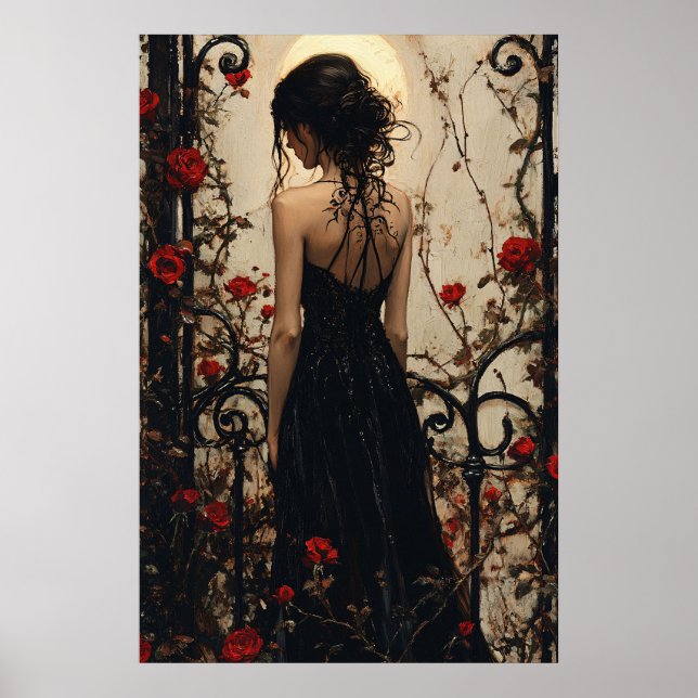 Póster Gothic Woman in Black Dress Among Red Roses (Frente)