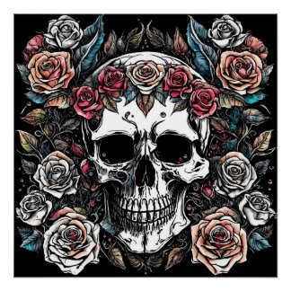 Póster Gótico: Calavera y Rosas. Arte de IA