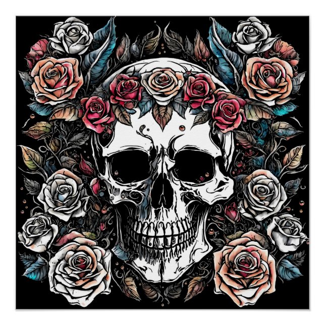 Póster Gótico: Calavera y Rosas. Arte de IA (Anverso)