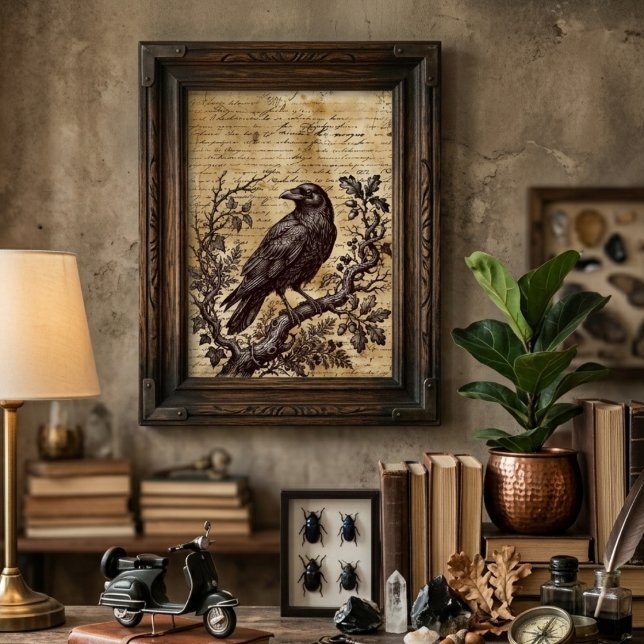 Póster Gótico Cuervo Script Vintage Dark Academia (Gothic raven dark academia poster)