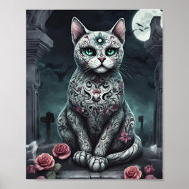 Póster Gótico, Día de los Muertos, Gato Blanco