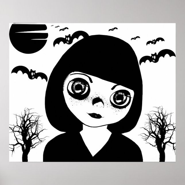 Póster Gótico espeluznante niño murciélago luna Halloween (Frente)