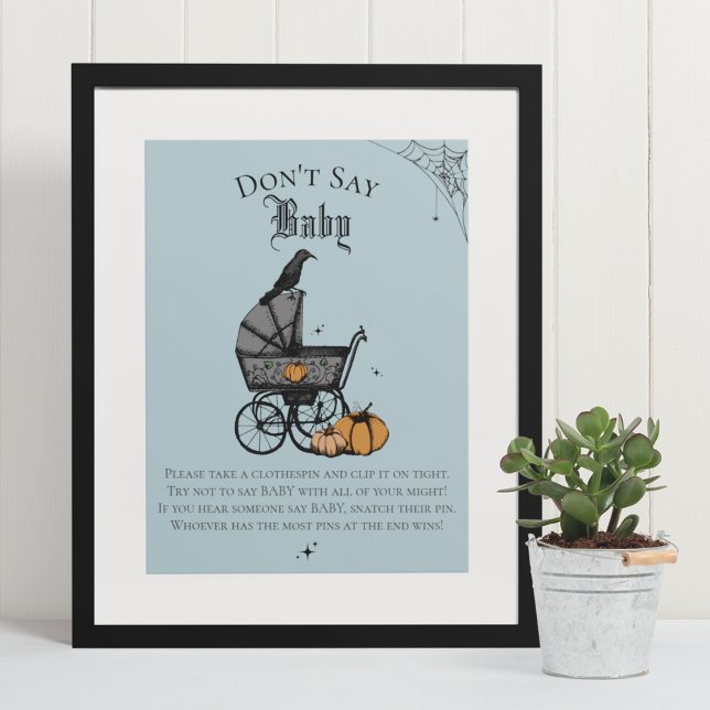 Póster Gótico Halloween No digas juego de ducha azul bebé (Elegant & Whimsical Gothic Baby Shower Game Poster. Frame Not Included. Hand-Drawn Illustrations.)